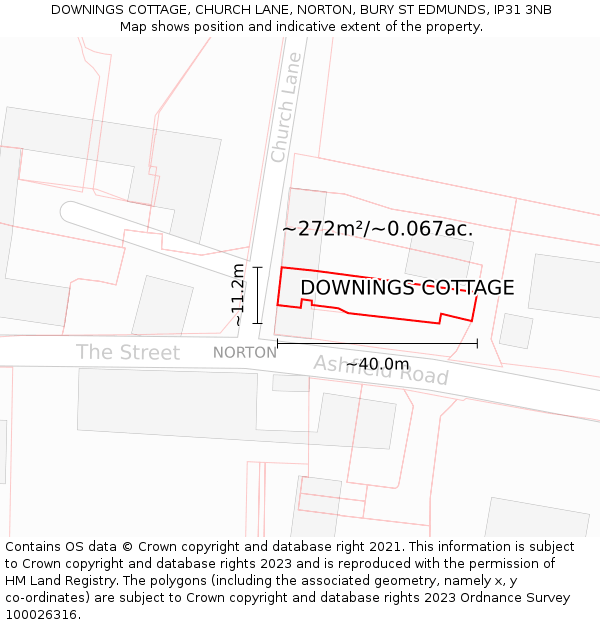 DOWNINGS COTTAGE, CHURCH LANE, NORTON, BURY ST EDMUNDS, IP31 3NB: Plot and title map