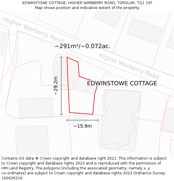 EDWINSTOWE COTTAGE, HIGHER WARBERRY ROAD, TORQUAY, TQ1 1SF: Plot and title map