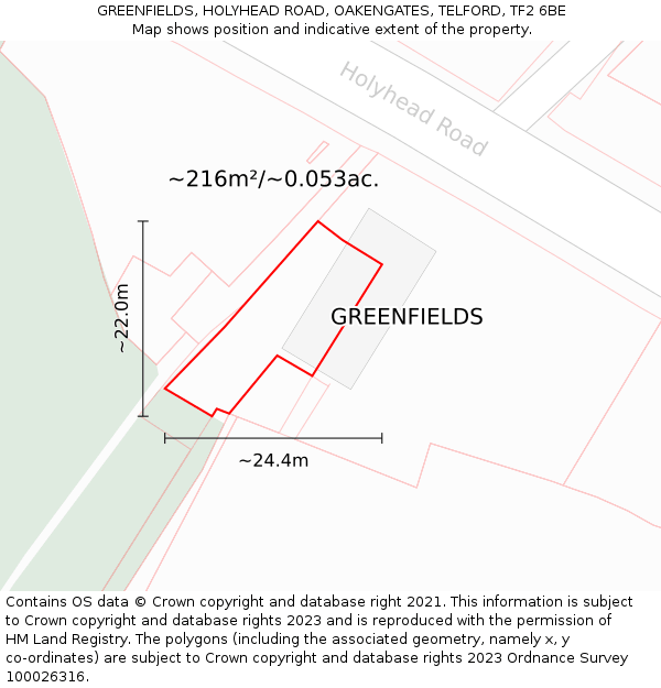 GREENFIELDS, HOLYHEAD ROAD, OAKENGATES, TELFORD, TF2 6BE: Plot and title map