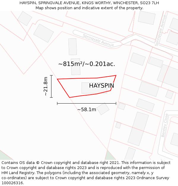 HAYSPIN, SPRINGVALE AVENUE, KINGS WORTHY, WINCHESTER, SO23 7LH: Plot and title map