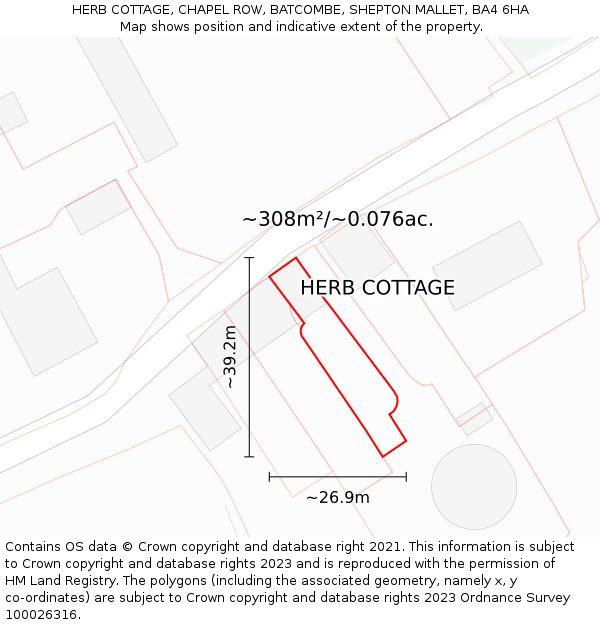 HERB COTTAGE, CHAPEL ROW, BATCOMBE, SHEPTON MALLET, BA4 6HA: Plot and title map