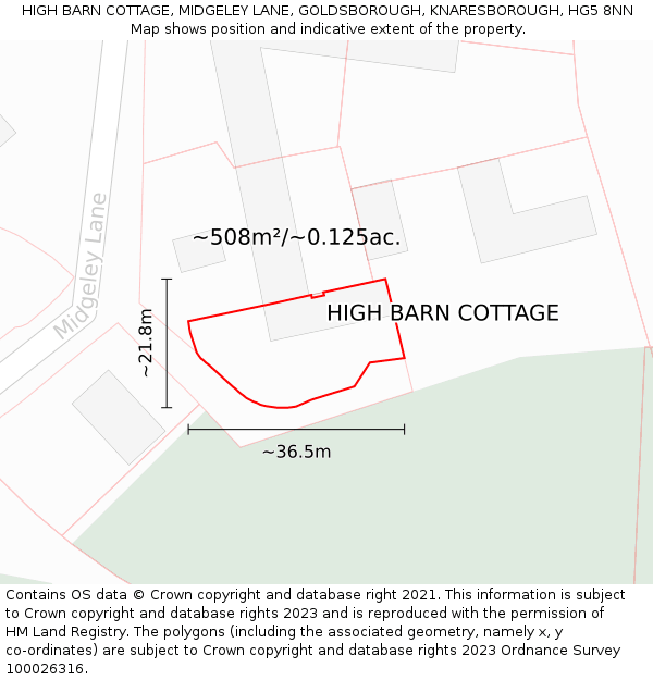 HIGH BARN COTTAGE, MIDGELEY LANE, GOLDSBOROUGH, KNARESBOROUGH, HG5 8NN: Plot and title map