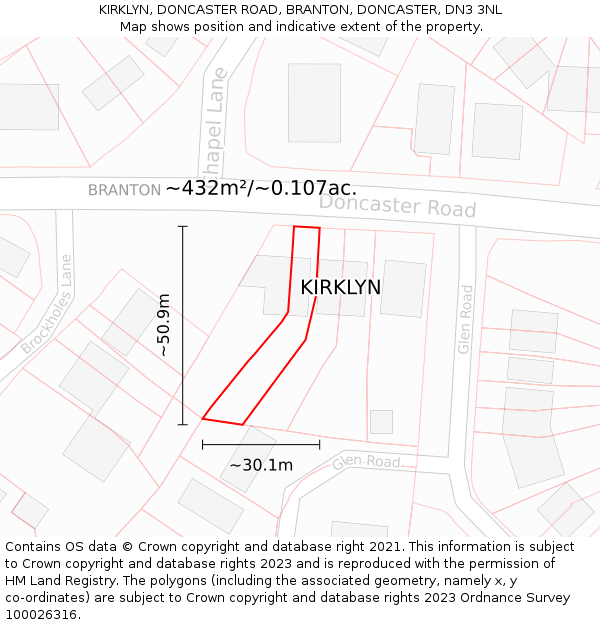 KIRKLYN, DONCASTER ROAD, BRANTON, DONCASTER, DN3 3NL: Plot and title map