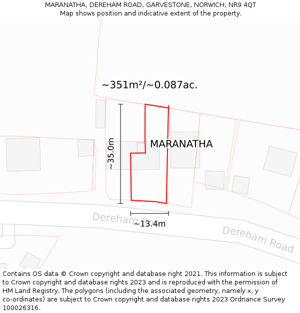MARANATHA, DEREHAM ROAD, GARVESTONE, NORWICH, NR9 4QT: Plot and title map