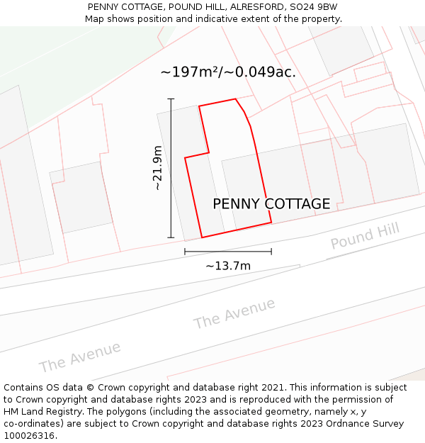 PENNY COTTAGE, POUND HILL, ALRESFORD, SO24 9BW: Plot and title map