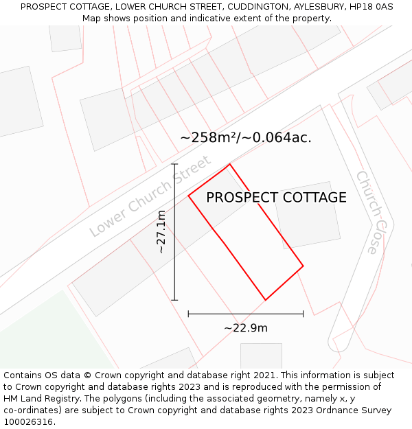 PROSPECT COTTAGE, LOWER CHURCH STREET, CUDDINGTON, AYLESBURY, HP18 0AS: Plot and title map