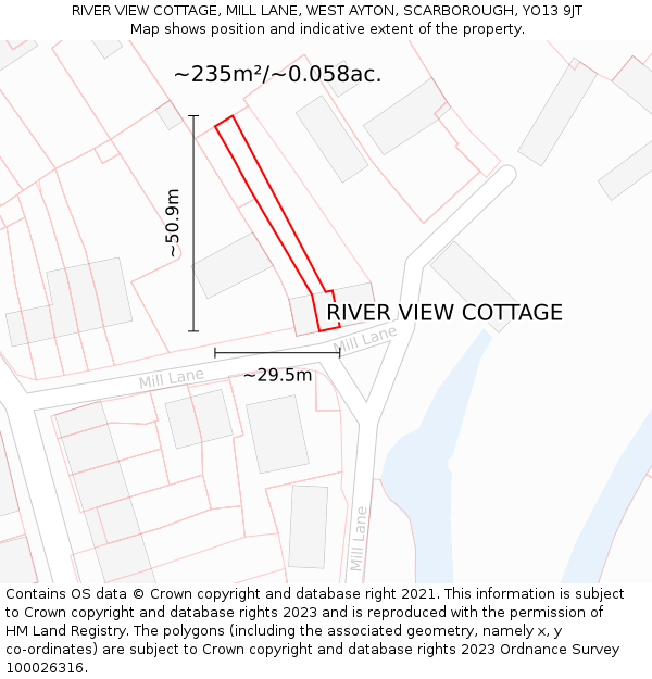 RIVER VIEW COTTAGE, MILL LANE, WEST AYTON, SCARBOROUGH, YO13 9JT: Plot and title map