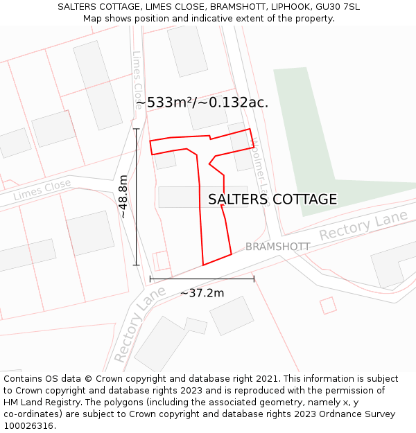 SALTERS COTTAGE, LIMES CLOSE, BRAMSHOTT, LIPHOOK, GU30 7SL: Plot and title map