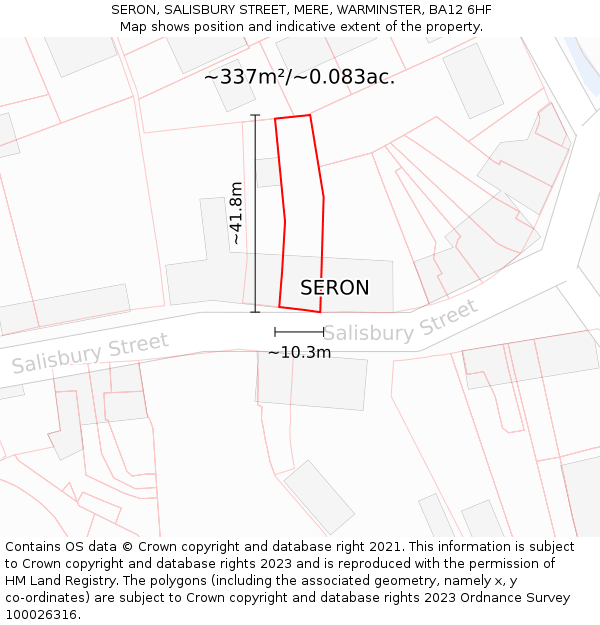 SERON, SALISBURY STREET, MERE, WARMINSTER, BA12 6HF: Plot and title map