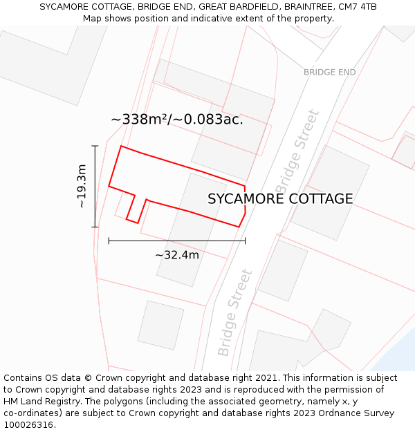 SYCAMORE COTTAGE, BRIDGE END, GREAT BARDFIELD, BRAINTREE, CM7 4TB: Plot and title map
