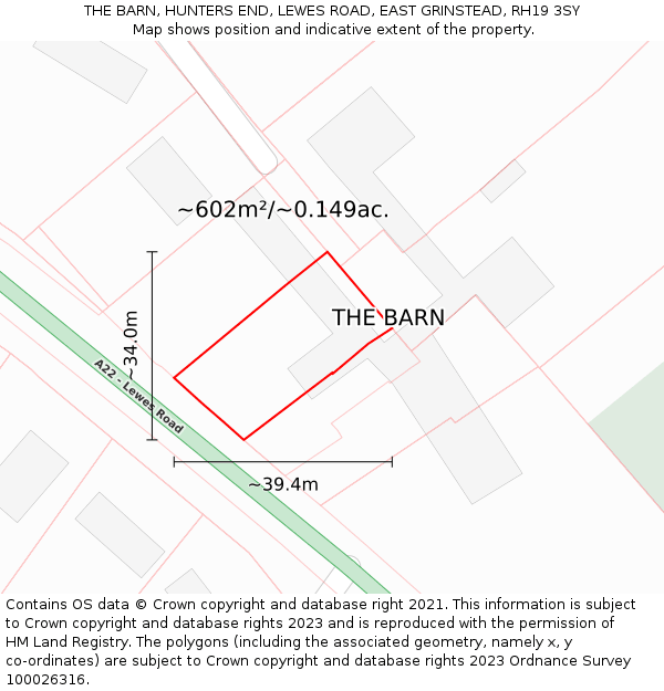 THE BARN, HUNTERS END, LEWES ROAD, EAST GRINSTEAD, RH19 3SY: Plot and title map