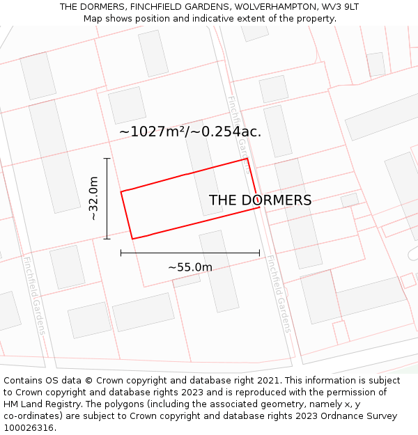 THE DORMERS, FINCHFIELD GARDENS, WOLVERHAMPTON, WV3 9LT: Plot and title map