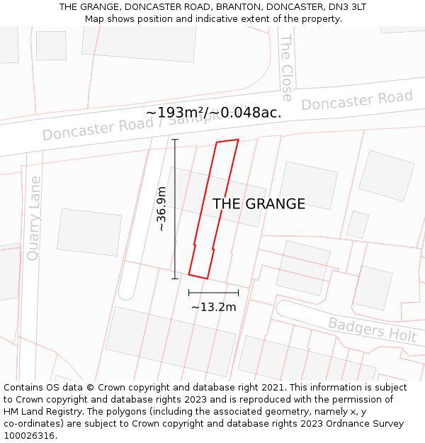 THE GRANGE, DONCASTER ROAD, BRANTON, DONCASTER, DN3 3LT: Plot and title map