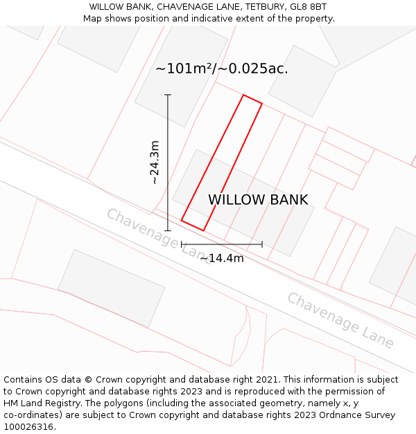 WILLOW BANK, CHAVENAGE LANE, TETBURY, GL8 8BT: Plot and title map