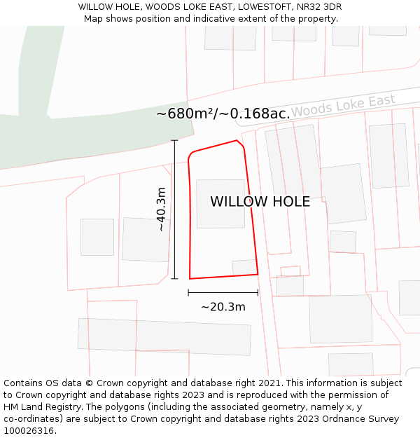 WILLOW HOLE, WOODS LOKE EAST, LOWESTOFT, NR32 3DR: Plot and title map