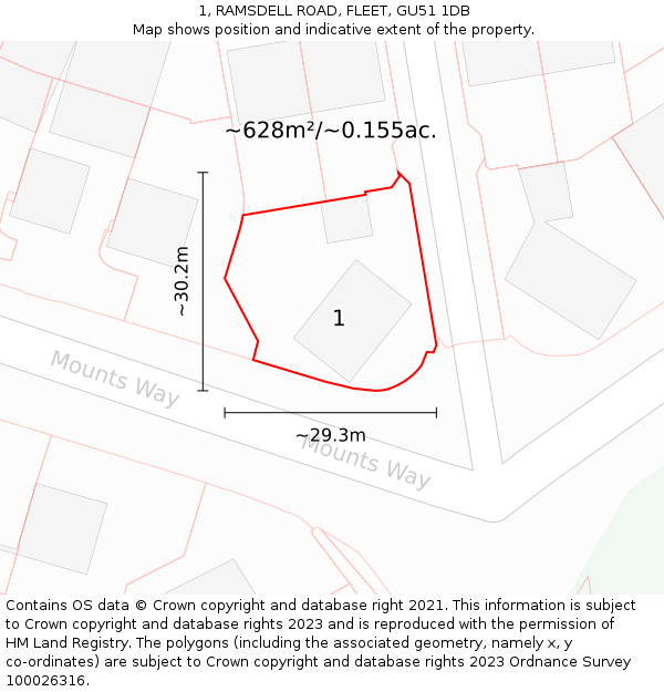 1, RAMSDELL ROAD, FLEET, GU51 1DB: Plot and title map
