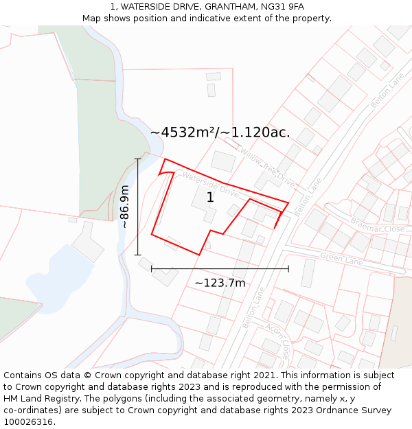 1, WATERSIDE DRIVE, GRANTHAM, NG31 9FA: Plot and title map