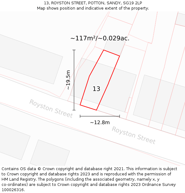 13, ROYSTON STREET, POTTON, SANDY, SG19 2LP: Plot and title map