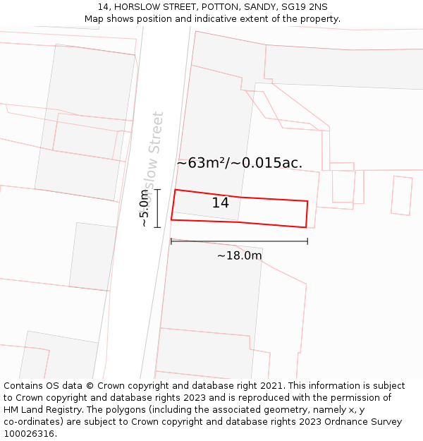 14, HORSLOW STREET, POTTON, SANDY, SG19 2NS: Plot and title map