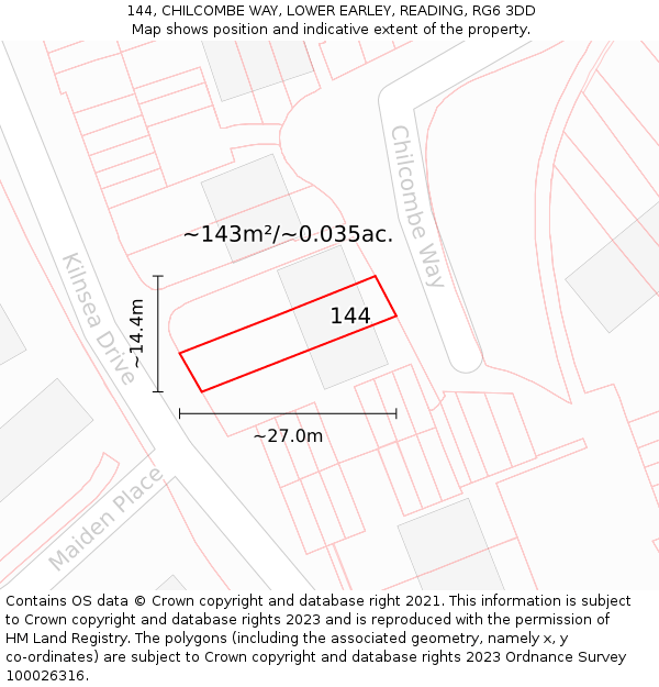 144, CHILCOMBE WAY, LOWER EARLEY, READING, RG6 3DD: Plot and title map