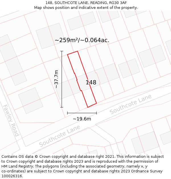 148, SOUTHCOTE LANE, READING, RG30 3AF: Plot and title map
