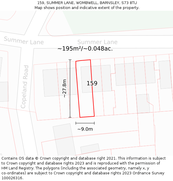 159, SUMMER LANE, WOMBWELL, BARNSLEY, S73 8TU: Plot and title map
