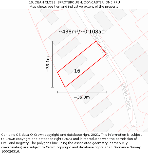 16, DEAN CLOSE, SPROTBROUGH, DONCASTER, DN5 7PU: Plot and title map