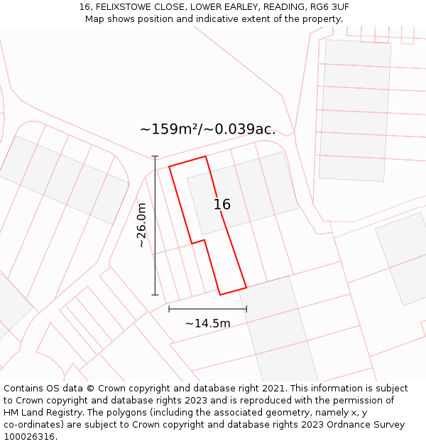 16, FELIXSTOWE CLOSE, LOWER EARLEY, READING, RG6 3UF: Plot and title map