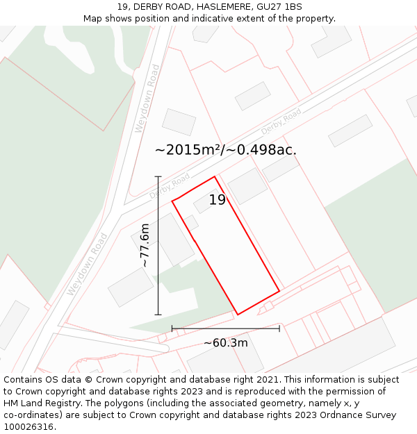 19, DERBY ROAD, HASLEMERE, GU27 1BS: Plot and title map