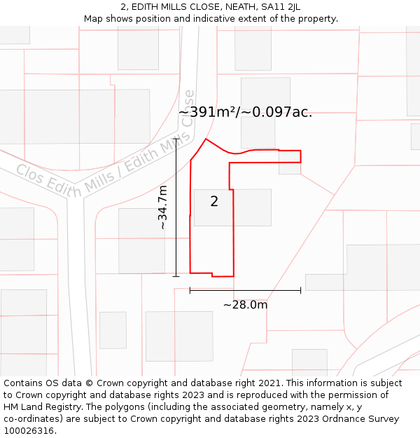 2, EDITH MILLS CLOSE, NEATH, SA11 2JL: Plot and title map