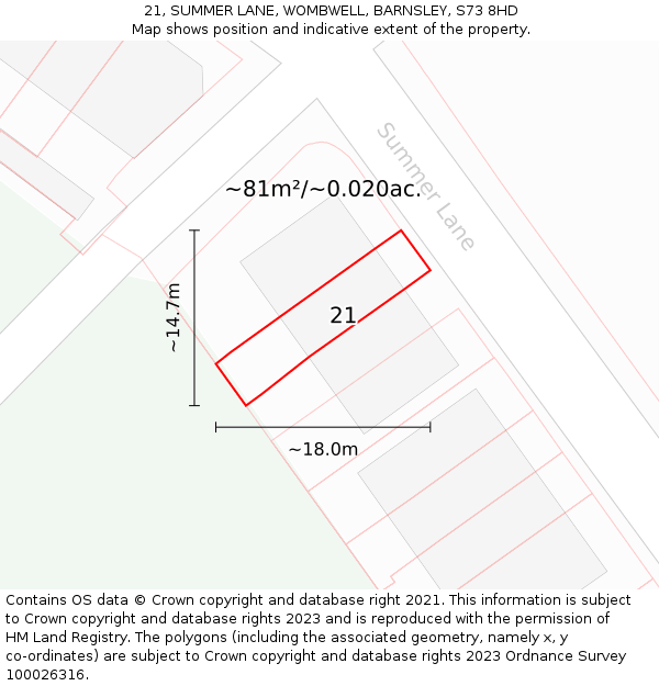 21, SUMMER LANE, WOMBWELL, BARNSLEY, S73 8HD: Plot and title map