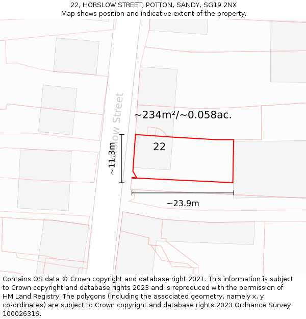 22, HORSLOW STREET, POTTON, SANDY, SG19 2NX: Plot and title map