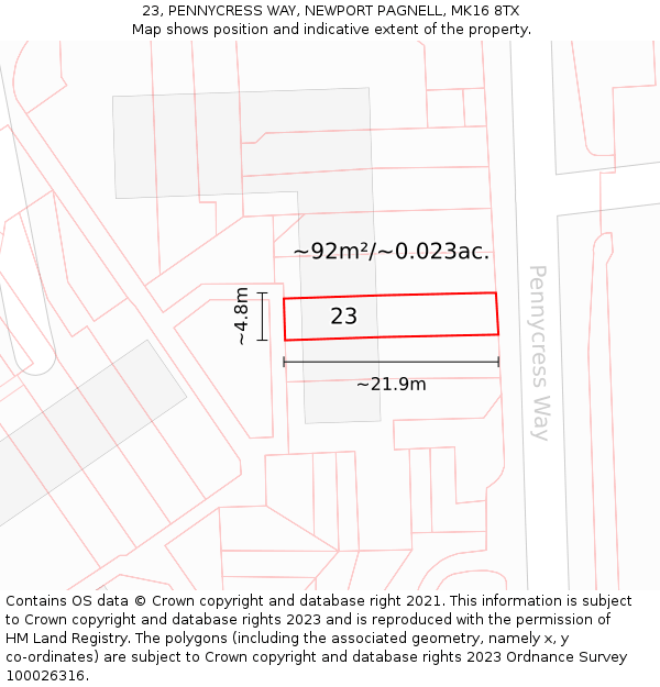 23, PENNYCRESS WAY, NEWPORT PAGNELL, MK16 8TX: Plot and title map