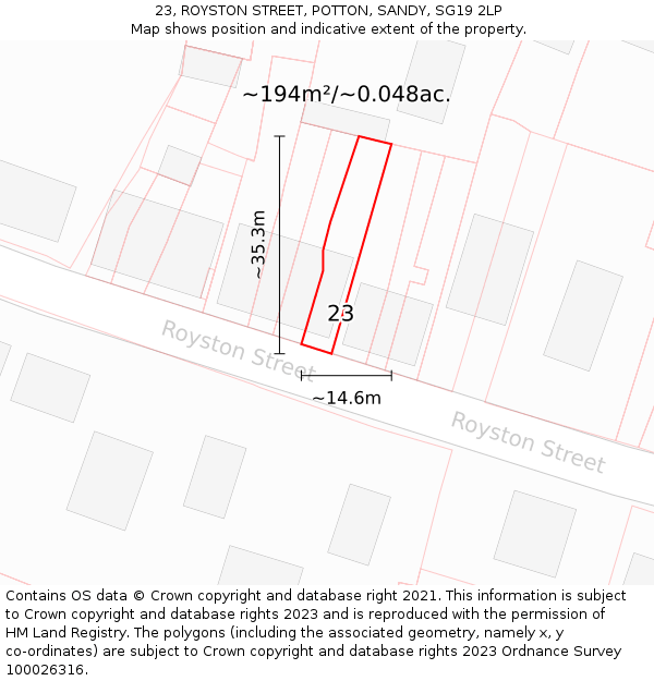 23, ROYSTON STREET, POTTON, SANDY, SG19 2LP: Plot and title map