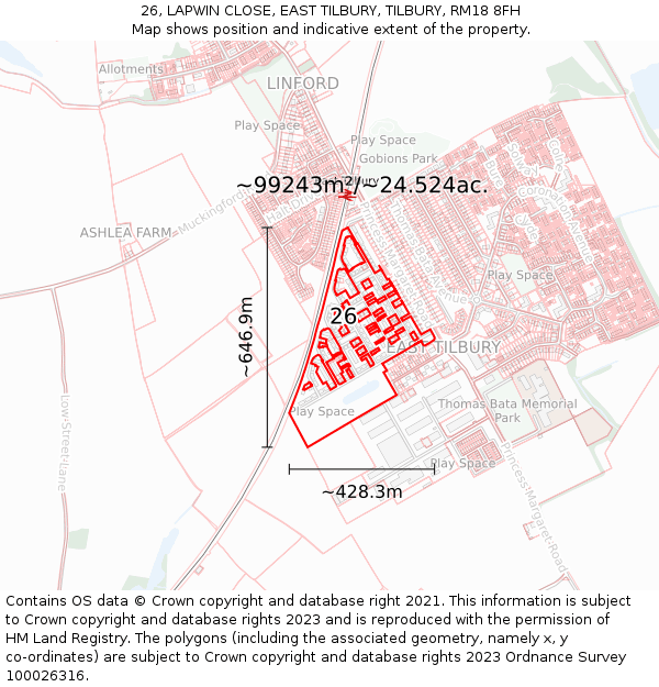 26, LAPWIN CLOSE, EAST TILBURY, TILBURY, RM18 8FH: Plot and title map