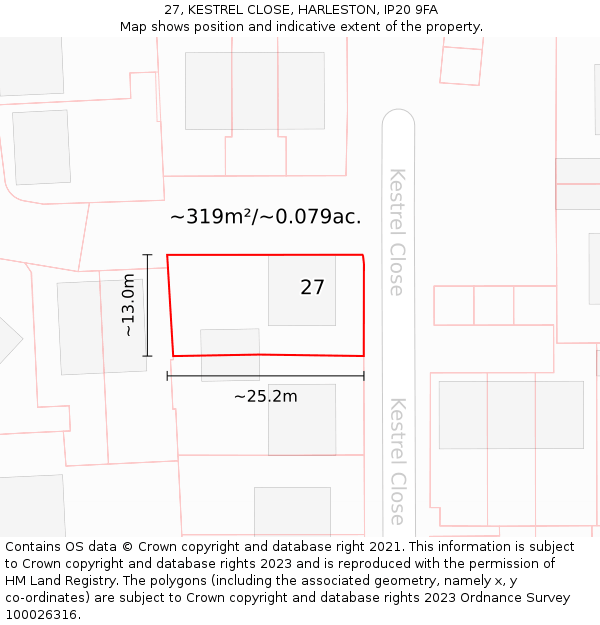27, KESTREL CLOSE, HARLESTON, IP20 9FA: Plot and title map