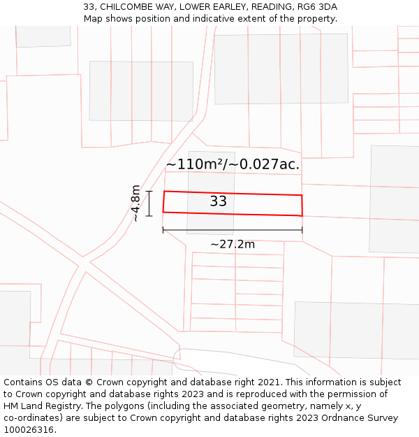 33, CHILCOMBE WAY, LOWER EARLEY, READING, RG6 3DA: Plot and title map