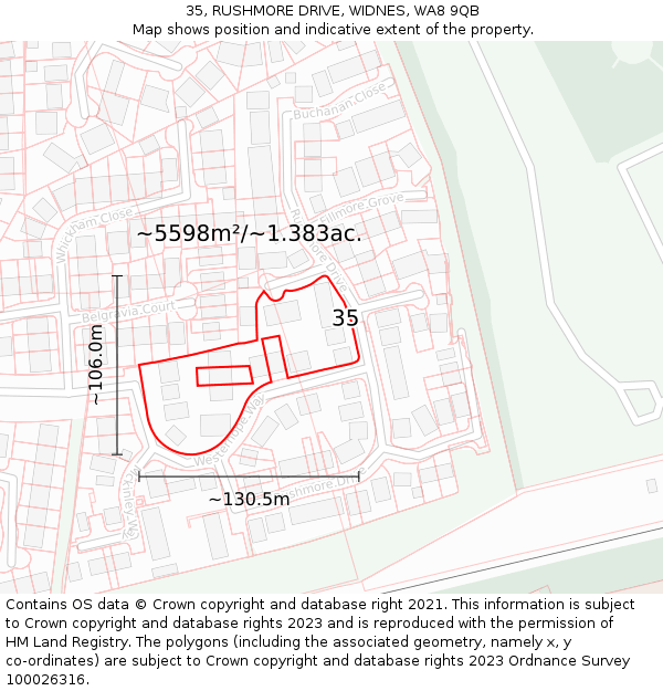 35, RUSHMORE DRIVE, WIDNES, WA8 9QB: Plot and title map