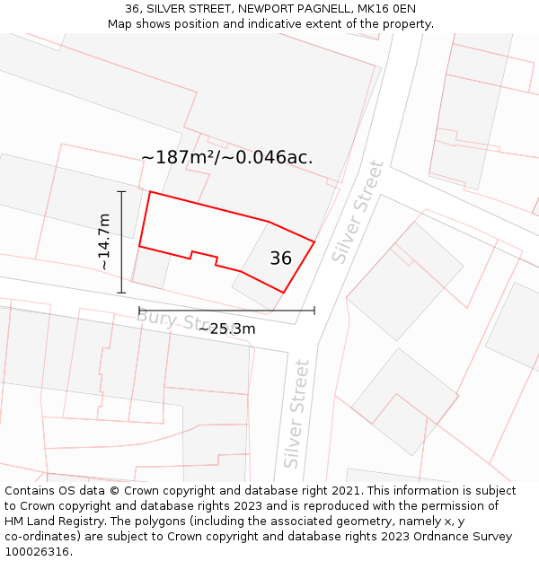 36, SILVER STREET, NEWPORT PAGNELL, MK16 0EN: Plot and title map