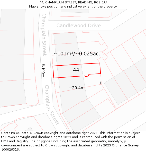 44, CHAMPLAIN STREET, READING, RG2 6AF: Plot and title map