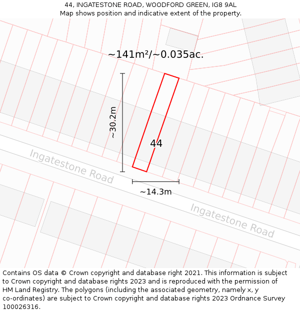 44, INGATESTONE ROAD, WOODFORD GREEN, IG8 9AL: Plot and title map