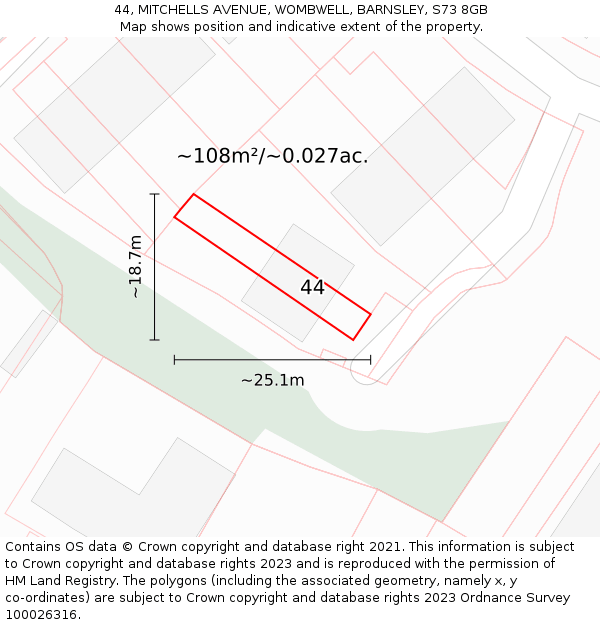 44, MITCHELLS AVENUE, WOMBWELL, BARNSLEY, S73 8GB: Plot and title map