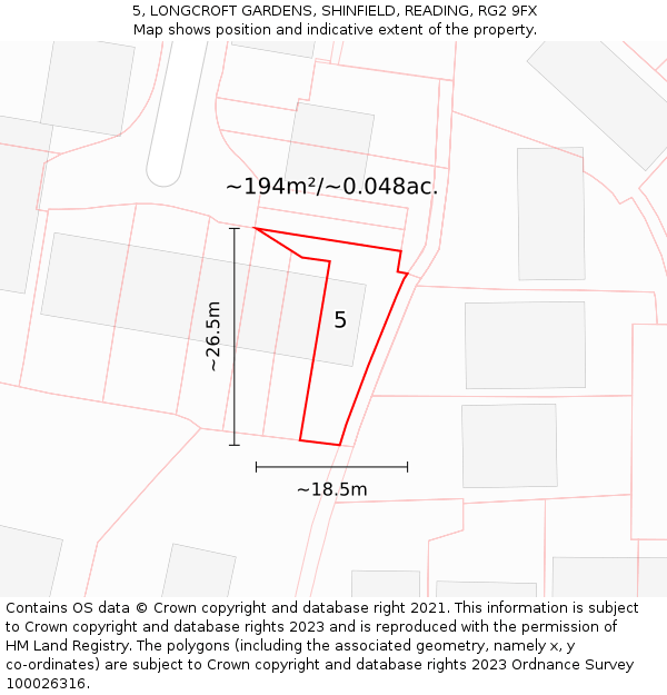 5, LONGCROFT GARDENS, SHINFIELD, READING, RG2 9FX: Plot and title map