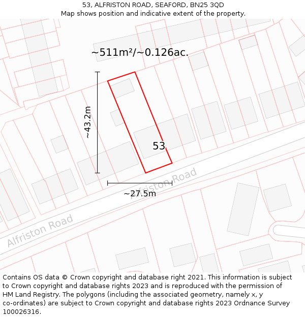 53, ALFRISTON ROAD, SEAFORD, BN25 3QD: Plot and title map