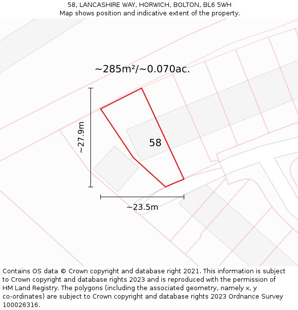 58, LANCASHIRE WAY, HORWICH, BOLTON, BL6 5WH: Plot and title map