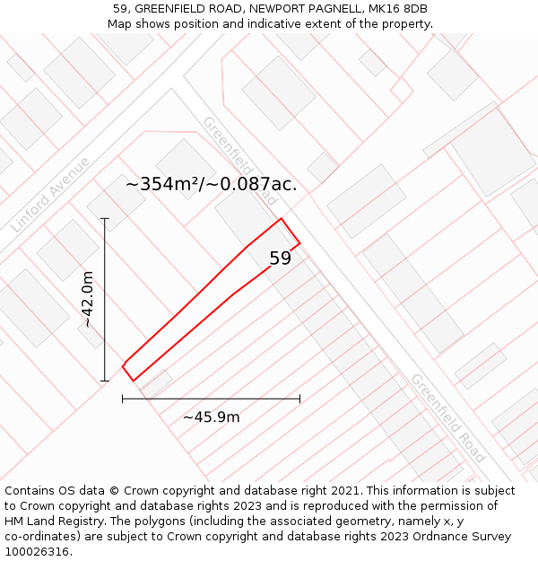 59, GREENFIELD ROAD, NEWPORT PAGNELL, MK16 8DB: Plot and title map