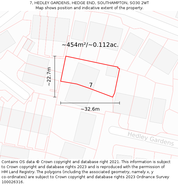 7, HEDLEY GARDENS, HEDGE END, SOUTHAMPTON, SO30 2WT: Plot and title map