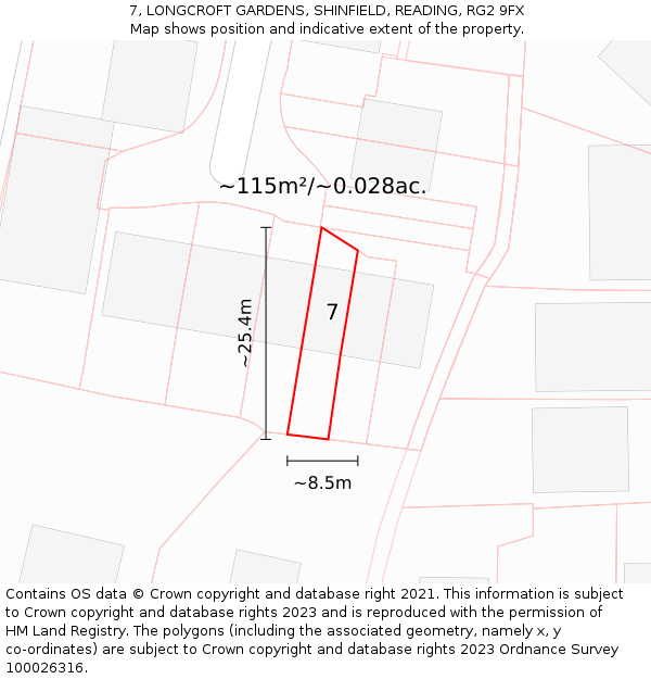 7, LONGCROFT GARDENS, SHINFIELD, READING, RG2 9FX: Plot and title map