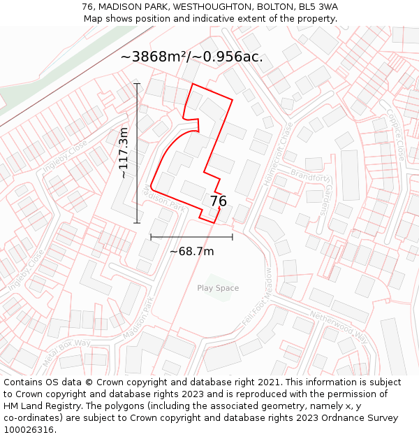 76, MADISON PARK, WESTHOUGHTON, BOLTON, BL5 3WA: Plot and title map