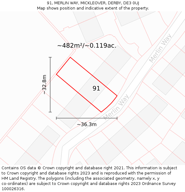 91, MERLIN WAY, MICKLEOVER, DERBY, DE3 0UJ: Plot and title map